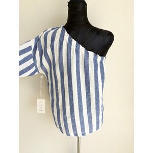Joie One Shoulder Top Womens Large Blue White Striped Linen Blend NWT